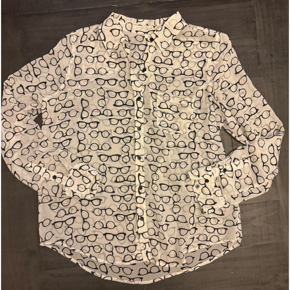 I Love HB1 Eyeglasses Print Sheer Long Sleeve Button Up - Sz L